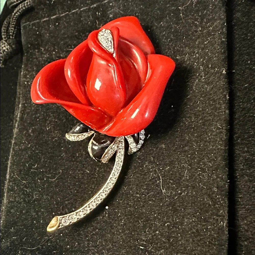 123- Kenneth Jay Lane Red and Silver Rose Brooch - Picture 3 of 6